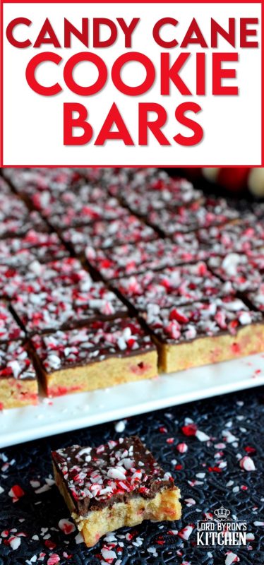 Soft and moist Candy Cane Cookie Bars, which are baked in a sheet pan, then smeared with melted chocolate, and topped with more crushed candy canes, is bound to be a new holiday favourite! These make holiday baking fun and easy! #candycane #cookies #cookiebars #christmas #holiday #baking