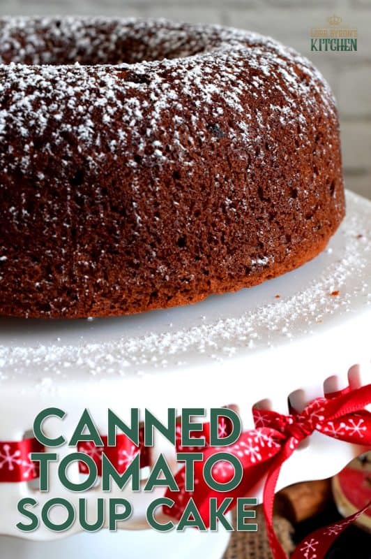 The flavour of this cake surprises me every time I have a slice! Even though there is a whole can of tomato soup in this Canned Tomato Soup Cake, the flavour is a deep, warm, cozy spice flavour - not tomato-like at all! I prepare my version with raisins, but you can leave them out if you prefer a more basic cake. #christmascake #christmas #holiday #baking #tomatosoup #tomatosoupcake