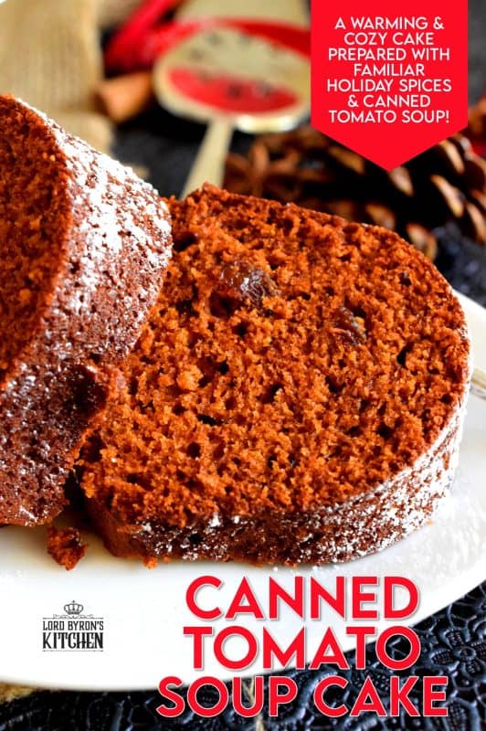 The flavour of this cake surprises me every time I have a slice! Even though there is a whole can of tomato soup in this Canned Tomato Soup Cake, the flavour is a deep, warm, cozy spice flavour - not tomato-like at all! I prepare my version with raisins, but you can leave them out if you prefer a more basic cake. #christmascake #christmas #holiday #baking #tomatosoup #tomatosoupcake