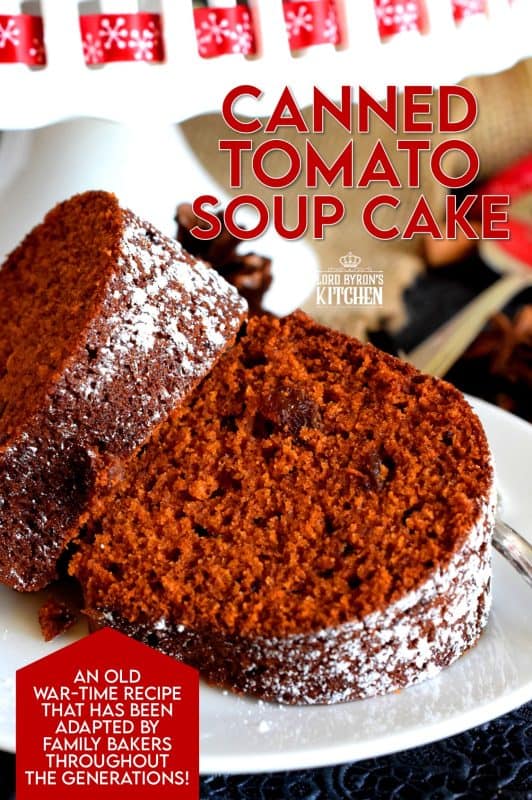 The flavour of this cake surprises me every time I have a slice! Even though there is a whole can of tomato soup in this Canned Tomato Soup Cake, the flavour is a deep, warm, cozy spice flavour - not tomato-like at all! I prepare my version with raisins, but you can leave them out if you prefer a more basic cake. #christmascake #christmas #holiday #baking #tomatosoup #tomatosoupcake
