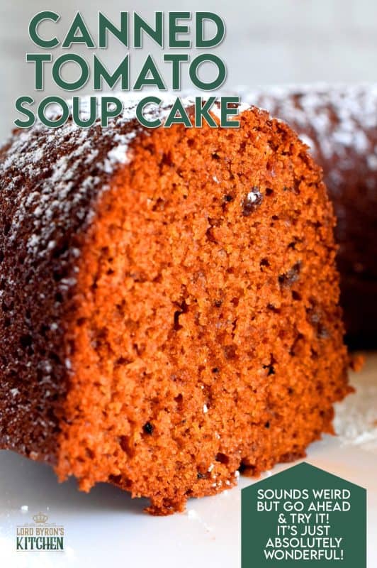The flavour of this cake surprises me every time I have a slice! Even though there is a whole can of tomato soup in this Canned Tomato Soup Cake, the flavour is a deep, warm, cozy spice flavour - not tomato-like at all! I prepare my version with raisins, but you can leave them out if you prefer a more basic cake. #christmascake #christmas #holiday #baking #tomatosoup #tomatosoupcake