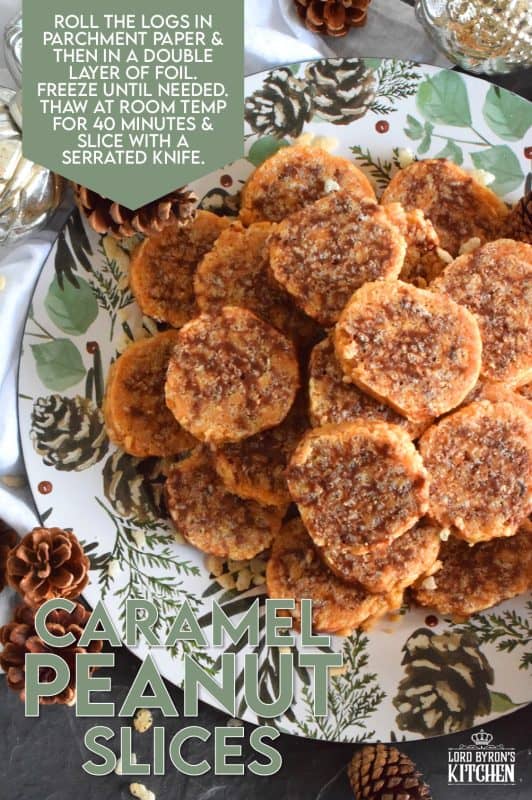 Caramel Peanut Slices are a no-bake confection consisting of caramel, peanut butter, rice krispies cereal, chocolate, and chopped peanuts. Working in layers, it is rolled into a log and chilled until set. The log is cut into slices before being served. These cookies are irresistible and one of my all-time favourite Christmas treats! #caramel #caramellogs #christmas #holiday #nobake #cookies #peanutbutter