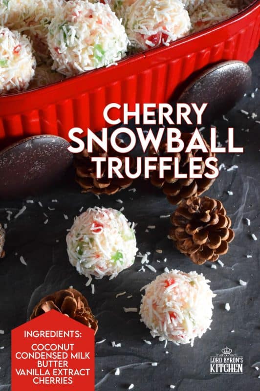 This truffle is a sweet combination of coconut, red and green candied cherries, and sweetened condensed milk. Cherry Snowball Truffles are just slightly soft and gooey. These are not only extremely festive, but super easy to make and freezer-friendly too! #truffles #christmas #holiday #nobake #cherry #redandgreen #candied #cherries #coconut