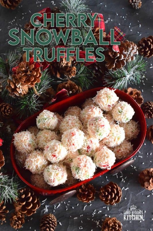 This truffle is a sweet combination of coconut, red and green candied cherries, and sweetened condensed milk. Cherry Snowball Truffles are just slightly soft and gooey. These are not only extremely festive, but super easy to make and freezer-friendly too! #truffles #christmas #holiday #nobake #cherry #redandgreen #candied #cherries #coconut