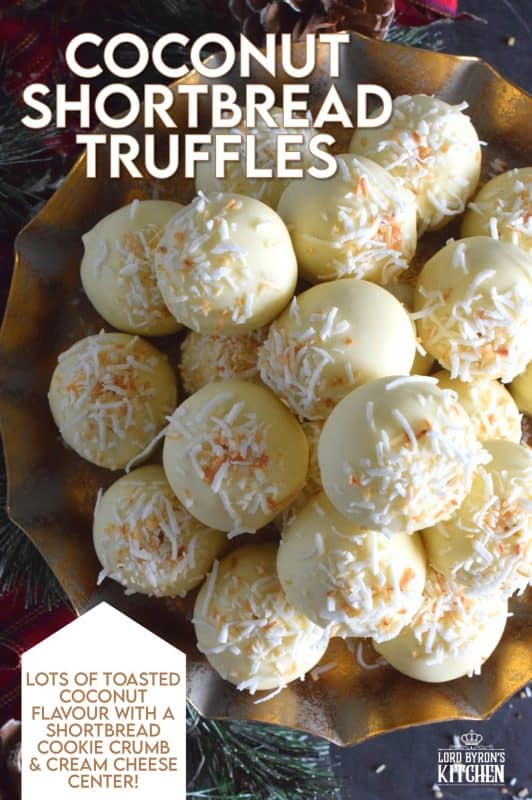You will not believe how easy these Coconut Shortbread Truffles are to prepare! With lots of coconut flavour, these truffles are made with crumbled shortbread cookies and dipped in velvety white chocolate. Be sure to toast the coconut first to really get the best out of this holiday confection! #holiday #christmas #chocolate #truffles #coconut #nobake #cookies