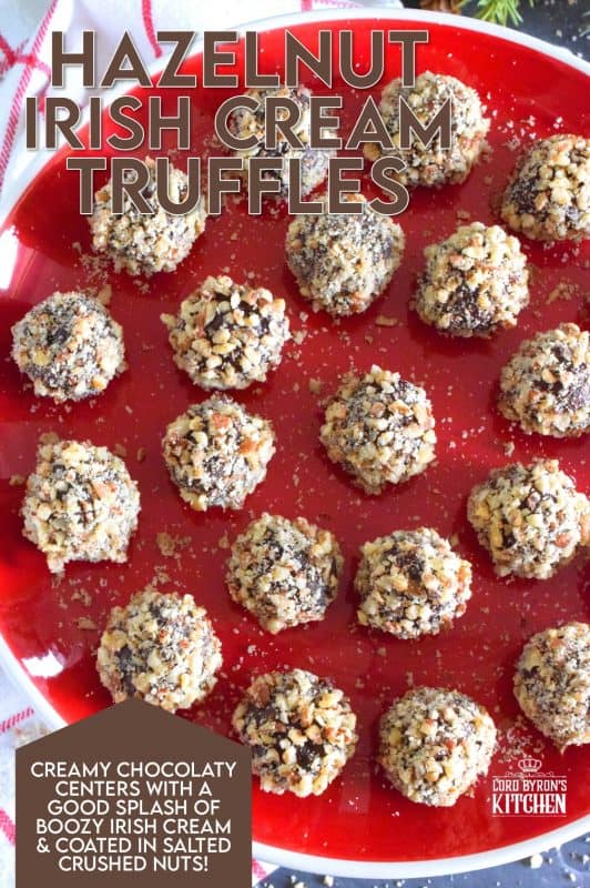 Hazelnut Irish Cream Truffles are decadent, rich, and densely chocolaty. The creaminess and meltiness of the chocolate ganache mixture contrasts very well with the slight saltiness and crunchiness of the toasted hazelnuts. With just a touch of Irish Cream, these truffles are suitable for all ages! #nobake #truffles #christmas #holiday #boozy #chocolate #baileys #irishcream