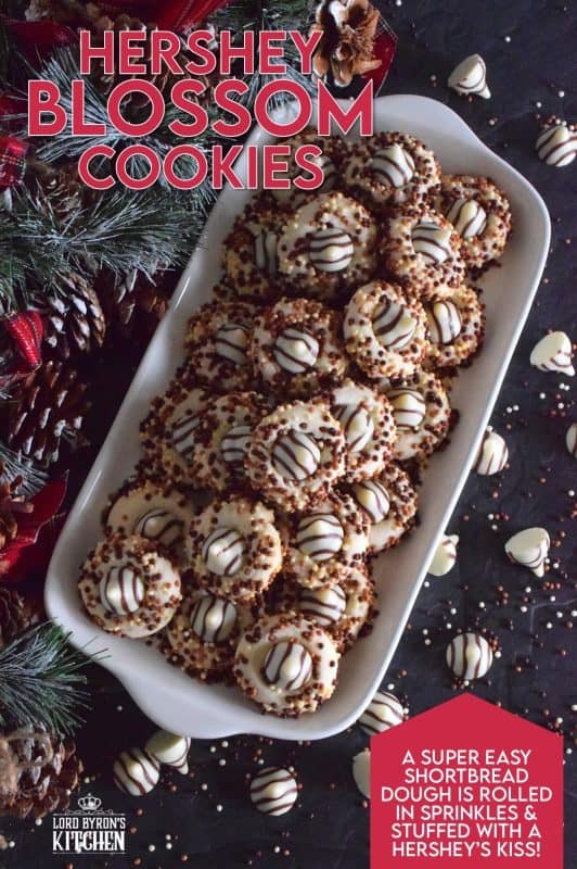 Christmastime is rushed and hurried, especially for the home cook, which leaves little time or desire for cookies that require chilled dough and rolling pins. Hershey Blossom Cookies are made with a whipped shortbread dough, rolled in sprinkles and dotted with a chocolate kiss. They're simple, beautiful, and delicious! Also, they're ready to eat in less than 30 minutes! #hershey #chocolatekiss #kiss #cookies #christmas #holiday #baking