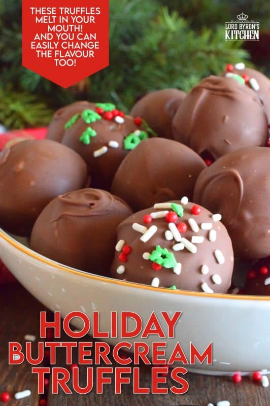 When it comes to truffles that melt in your mouth, Holiday Buttercream Truffles are the best! The bright white centers are prepared with cream cheese and butter, just like the beginnings of a good cake frosting! Dipped in melted milk chocolate, it's hard to eat just one of these! #truffles #buttercream #cookies #nobake #christmas #holiday #chocolate