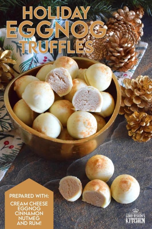The base of this truffle is prepared with melted white chocolate, eggnog, and cream cheese. With the addition of confectioner's sugar, cinnamon, nutmeg, and rum, Holiday Eggnog Truffles are the most Christmassy thing you'll taste this season! #christmas #holiday #eggnog #truffles #chocolate #nobake