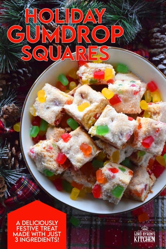 Sometimes a recipe needs to be quick and easy. That's exactly what these Holiday Gumdrop Squares are - and, there's only 4 ingredients in the whole recipe! These are simple to make too, because it's a mix, pour, and bake type of recipe. When fully cooled, cut into squares and enjoy! #condensedmilk #gumdrop #squares #christmas #holiday #baking
