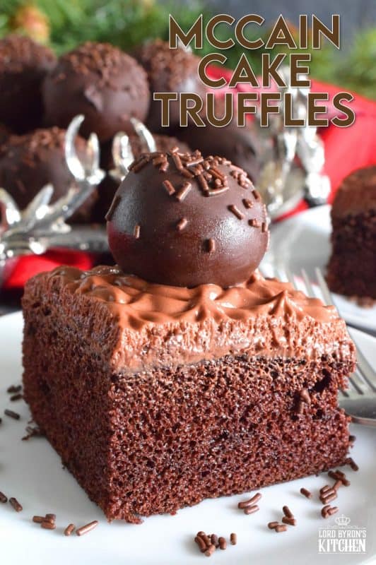 One of the most recognizable, freezer-friendly cakes is the star of this truffle recipe. McCain Cake Truffles are prepared with a chocolate cake and chocolate chips - that's it! How's that for easy and budget friendly? All is takes are those two ingredients to make one of the most moist and dense, chocolaty treat! #christmas #holiday #nobake #mccain #chocolate #chocolatecake #truffles