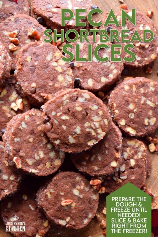 Pecan Shortbread Slices are one of those cookies you can make long in advance. They are rolled into a log, well wrapped, and can be refrigerated or frozen until you feel like baking. They are packed with toasted pecans and prepared with good cocoa and mini chocolate chips for extra chocolatey flavour. #shortbread #christmas #holiday #baking #cookies #chocolate #freezer #slices