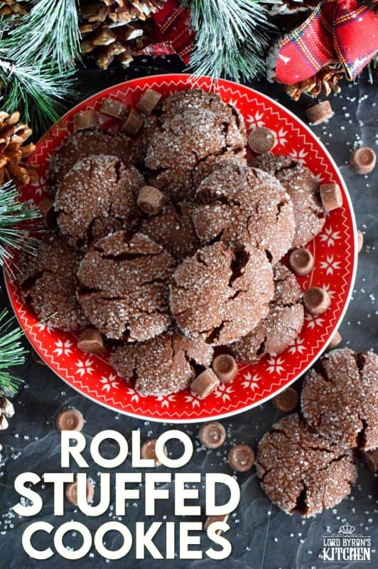 For the ultimate chocolate lover, these Rolo Stuffed Cookies are prepared with a rich chocolaty and fudgy base, which is wrapped around a single Rolo candy. When you bite into one of the cookies, milk chocolate and caramel oozes out - sounds indulgent, right? Perfect for Christmastime, when calories don't count! #christmas #holiday #baking #cookies #rolo #stuffedcookies #caramel #chocolate