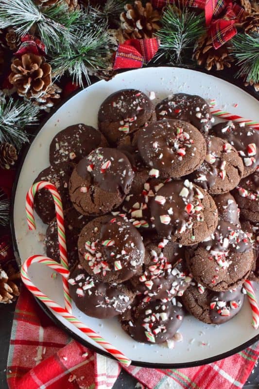 Double Chocolate Peppermint Cookies are loaded with peppermint flavour from both the extract and the crushed candy canes. These already pack a deep chocolate flavour, but they're dipped in chocolate anyway for even more chocolatey goodness! Christmas is for giving and sharing, but you might want to keep this one all to yourself! #doublechocolate #peppermint #candycanes #christmas #holiday #baking