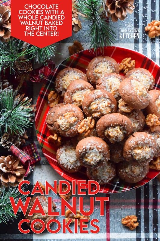 These chocolate cookies are baked with a whole candied walnut right in the center. The cookie is chocolatey and chewy, but the walnut is sweet and crunchy. Paired together, they make these Candied Walnut Cookies something extraordinary - despite the fact that they look like stuffed mushrooms! #walnuts #candied #christmas #candiednuts #baking #holiday