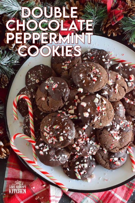 Double Chocolate Peppermint Cookies are loaded with peppermint flavour from both the extract and the crushed candy canes. These already pack a deep chocolate flavour, but they're dipped in chocolate anyway for even more chocolatey goodness! Christmas is for giving and sharing, but you might want to keep this one all to yourself! #doublechocolate #peppermint #candycanes #christmas #holiday #baking