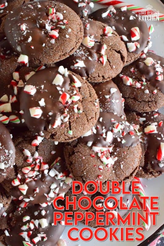 Double Chocolate Peppermint Cookies are loaded with peppermint flavour from both the extract and the crushed candy canes. These already pack a deep chocolate flavour, but they're dipped in chocolate anyway for even more chocolatey goodness! Christmas is for giving and sharing, but you might want to keep this one all to yourself! #doublechocolate #peppermint #candycanes #christmas #holiday #baking