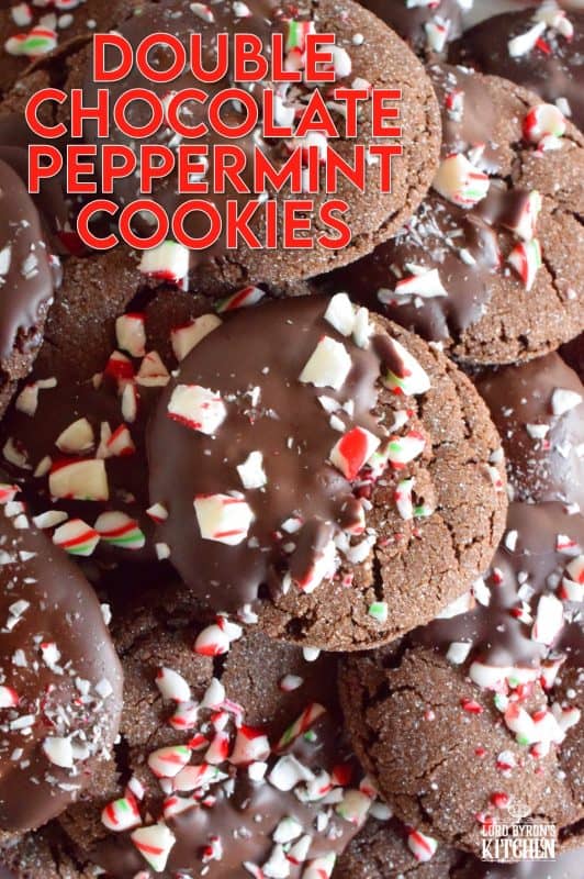 Double Chocolate Peppermint Cookies are loaded with peppermint flavour from both the extract and the crushed candy canes. These already pack a deep chocolate flavour, but they're dipped in chocolate anyway for even more chocolatey goodness! Christmas is for giving and sharing, but you might want to keep this one all to yourself! #doublechocolate #peppermint #candycanes #christmas #holiday #baking