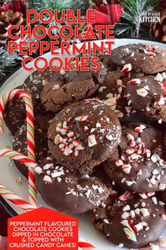 Double Chocolate Peppermint Cookies are loaded with peppermint flavour from both the extract and the crushed candy canes. These already pack a deep chocolate flavour, but they're dipped in chocolate anyway for even more chocolatey goodness! Christmas is for giving and sharing, but you might want to keep this one all to yourself! #doublechocolate #peppermint #candycanes #christmas #holiday #baking