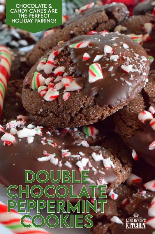 Double Chocolate Peppermint Cookies are loaded with peppermint flavour from both the extract and the crushed candy canes. These already pack a deep chocolate flavour, but they're dipped in chocolate anyway for even more chocolatey goodness! Christmas is for giving and sharing, but you might want to keep this one all to yourself! #doublechocolate #peppermint #candycanes #christmas #holiday #baking