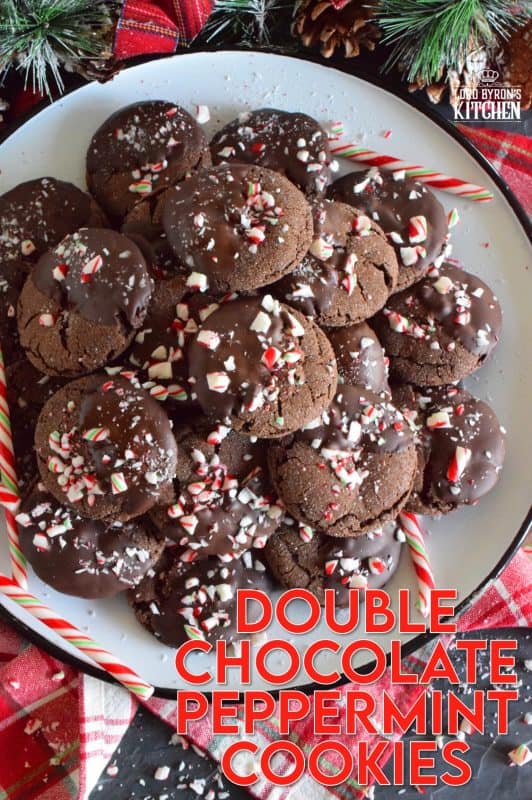 Double Chocolate Peppermint Cookies are loaded with peppermint flavour from both the extract and the crushed candy canes. These already pack a deep chocolate flavour, but they're dipped in chocolate anyway for even more chocolatey goodness! Christmas is for giving and sharing, but you might want to keep this one all to yourself! #doublechocolate #peppermint #candycanes #christmas #holiday #baking