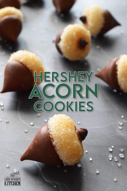 These adorable bite-sized cookies are bound to be a complete hit! They look stunning all on their own, but are perfect for filling in the gaps on your Christmas cookie platter. Hershey Acorn Cookies are prepared with a miniature homemade cookie, and paired with a chocolate kiss and a single chocolate chip! #christmas #holiday #baking #acorn #hershey #kiss #cookies