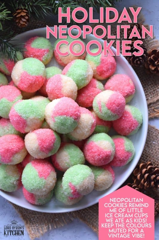 Holiday Neopolitan Cookies are two-bite cookies made with red, green, and white cookie dough. They are rolled in sugar and baked for a cute and festive Christmas confection. Use different extracts in each dough colour or prepare them with just good vanilla! #neopolitan #christmas #holiday #cookies #redandgreen