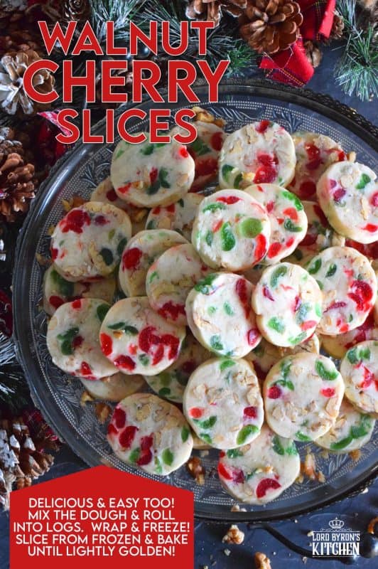 Chopped red and green candied cherries add a pop of festive colour and delicious flavour to these Walnut Cherry Slices. Prepare a month in advance and freeze the dough. When ready to bake, simply cut the dough into slices and bake until light and fluffy. These cookies are perfect for a cookie exchange or for gifting to a neighbour! #shortbread #candiedcherries #cherries #christmas #holiday #baking #sliceandbake