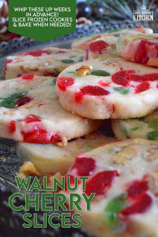 Chopped red and green candied cherries add a pop of festive colour and delicious flavour to these Walnut Cherry Slices. Prepare a month in advance and freeze the dough. When ready to bake, simply cut the dough into slices and bake until light and fluffy. These cookies are perfect for a cookie exchange or for gifting to a neighbour! #shortbread #candiedcherries #cherries #christmas #holiday #baking #sliceandbake