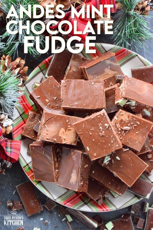 This no-bake fudge recipe is packed full of chopped Andes Mints and is prepared with peppermint extract. The chocolate topping is made with melted Andes Mints too, so you know this fudge is for the extreme mint lover! #andes #mints #peppermint #chocolate #fudge