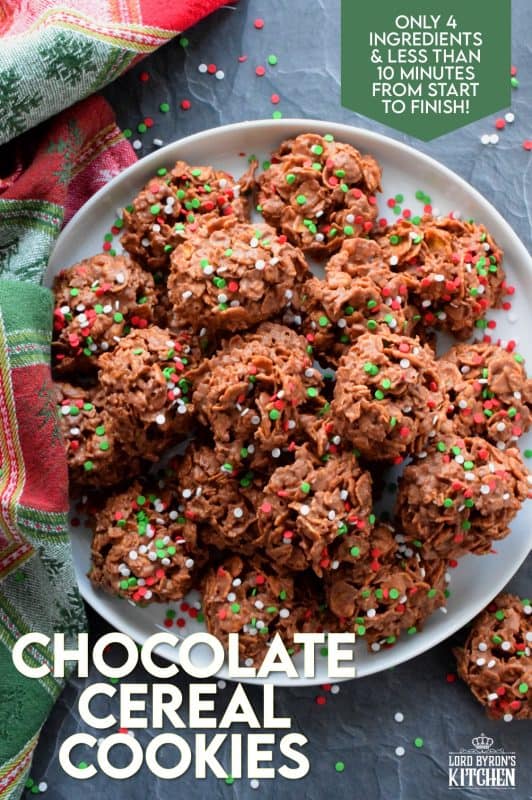 So simple, so easy, and so delicious! Chocolate Cereal Cookies are perfect for sharing and a great option for holiday cookie exchange parties. If you’re looking for a budget-friendly cookie that you can whip up in a hurry, this is it! All you need is 4 ingredients and 10 minutes! #christmas #holiday #nobake #chocolate #cookies