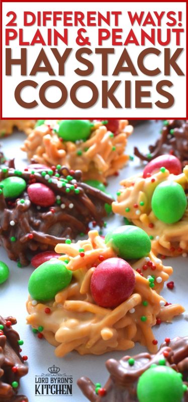 No Bake Haystack Cookies have been around for years! This recipe is super easy to make and everyone seems to love them. Make them 2 different ways and pile them onto your holiday cookie platter. Will you make the peanut butter or chocolate version - or even both!? #haystack #nobake #christmas #holiday #cookies #chocolate #peanutbutter