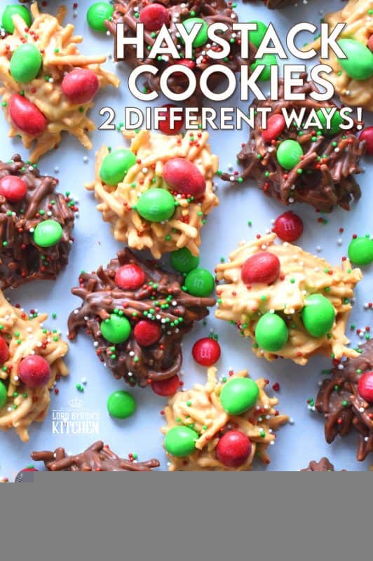 No Bake Haystack Cookies have been around for years! This recipe is super easy to make and everyone seems to love them. Make them 2 different ways and pile them onto your holiday cookie platter. Will you make the peanut butter or chocolate version - or even both!? #haystack #nobake #christmas #holiday #cookies #chocolate #peanutbutter