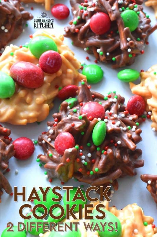 No Bake Haystack Cookies have been around for years! This recipe is super easy to make and everyone seems to love them. Make them 2 different ways and pile them onto your holiday cookie platter. Will you make the peanut butter or chocolate version - or even both!? #haystack #nobake #christmas #holiday #cookies #chocolate #peanutbutter