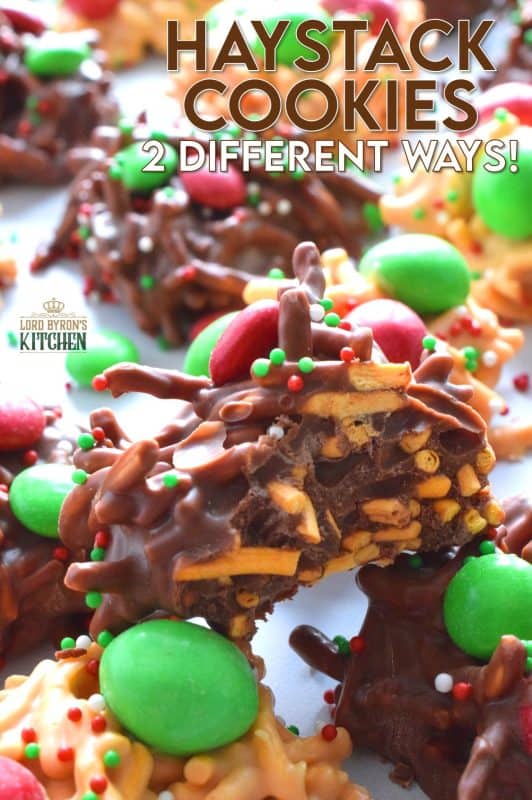 No Bake Haystack Cookies have been around for years! This recipe is super easy to make and everyone seems to love them. Make them 2 different ways and pile them onto your holiday cookie platter. Will you make the peanut butter or chocolate version - or even both!? #haystack #nobake #christmas #holiday #cookies #chocolate #peanutbutter