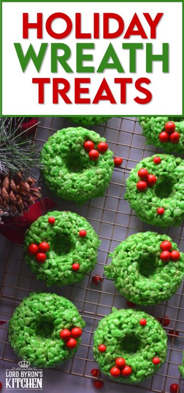 At its basic form, Holiday Wreath Treats are just beautified Rice Krispies Treats. With the help of marshmallows, butter, and green food colouring, these beautiful no-bake cookies are perfect for Christmastime snacking! #christmas #holiday #nobake #treats #marshmallow