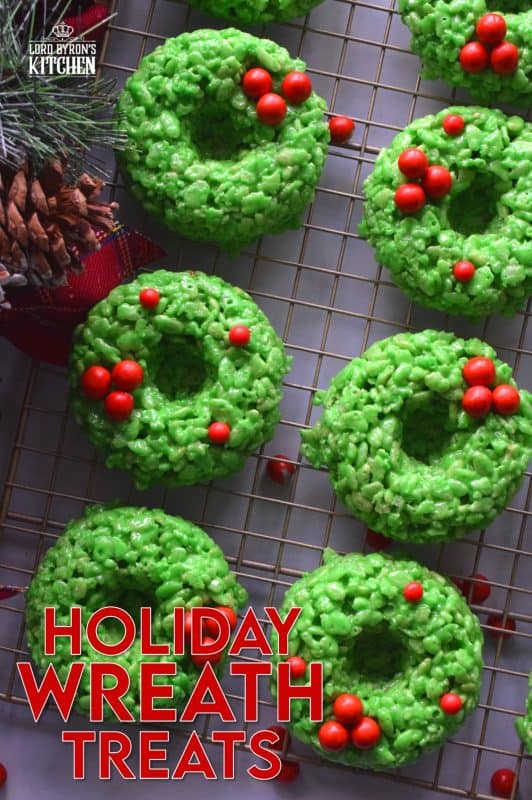 At its basic form, Holiday Wreath Treats are just beautified Rice Krispies Treats. With the help of marshmallows, butter, and green food colouring, these beautiful no-bake cookies are perfect for Christmastime snacking! #christmas #holiday #nobake #treats #marshmallow