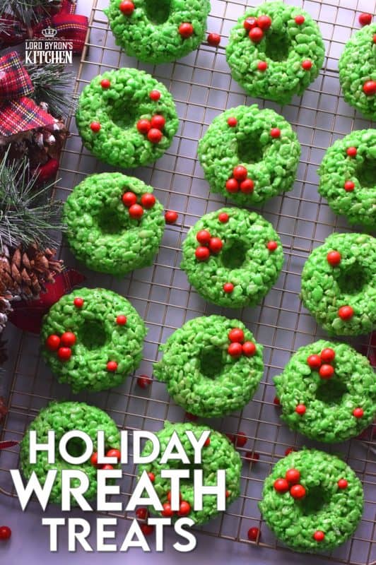 At its basic form, Holiday Wreath Treats are just beautified Rice Krispies Treats. With the help of marshmallows, butter, and green food colouring, these beautiful no-bake cookies are perfect for Christmastime snacking! #christmas #holiday #nobake #treats #marshmallow