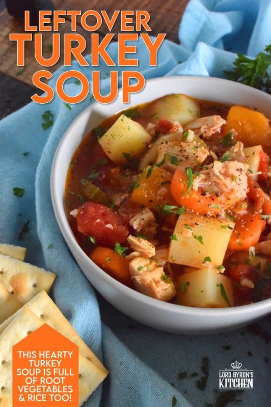 A hearty and wholesome soup prepared with fresh root vegetables, rice, and leftover turkey breast meat. Put leftover holiday turkey to good use with this Leftover Turkey Soup recipe! #leftover #turkey #soup #homemade