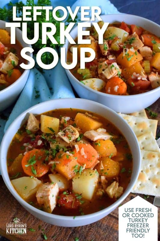 A hearty and wholesome soup prepared with fresh root vegetables, rice, and leftover turkey breast meat. Put leftover holiday turkey to good use with this Leftover Turkey Soup recipe! #leftover #turkey #soup #homemade