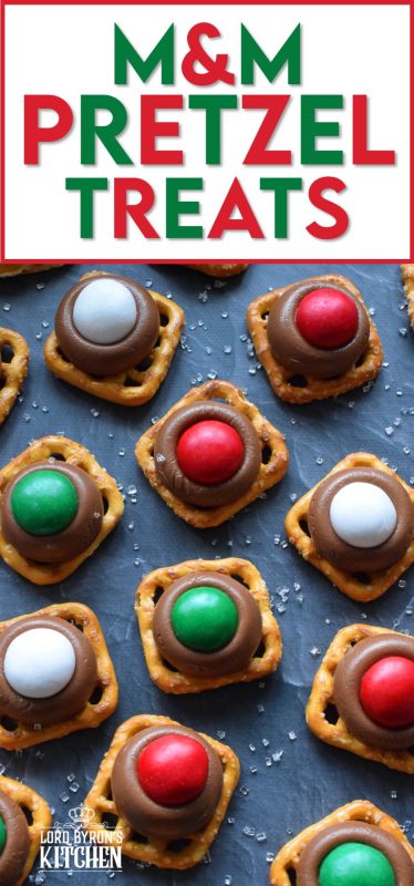 With only three ingredients, M&M Pretzel Treats are one of those no-bake confections that can be made in just a few minutes. It requires very little clean up, and you can change up the colours and flavours quite easily. Be sure to add these to your Christmas Eve treat table! #nobake #treats #M&M #christmas #holiday #chocolate #pretzels