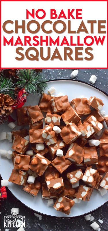 In all probability, this will be the best thing you will eat this holiday season. No Bake Chocolate Marshmallow Squares are prepared with only four ingredients and comes together in just minutes with the help of a microwave. These are decadent and rich, and you won't be able to stop eating them! #christmas #holidays #chocolate #nobake #peanutbutter #treats #marshmallow