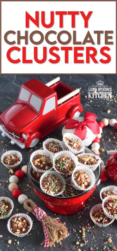 When it comes to no-bake Christmas treats, nothing can be as easy as these Nutty Chocolate Clusters. All you need is chocolate and nuts. I added sprinkles just to make them a little more festive, but that is completely optional. #chocolate #nuts #nutty #clusters #homemade