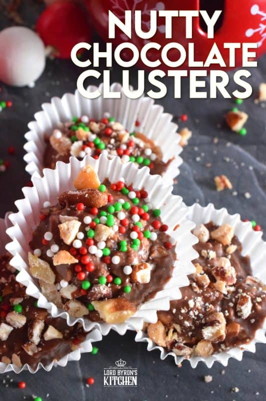 When it comes to no-bake Christmas treats, nothing can be as easy as these Nutty Chocolate Clusters. All you need is chocolate and nuts. I added sprinkles just to make them a little more festive, but that is completely optional. #chocolate #nuts #nutty #clusters #homemade