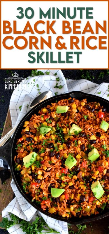 30 Minute Black Bean Corn and Rice Skillet has everything a well-rounded, wholesome meal needs! This is a perfect family dinner with many serving options. Roll it into a burrito or pile it into a bowl with cheese and sour cream on top! #30minute #blackbean #skillet #onepot #dinner