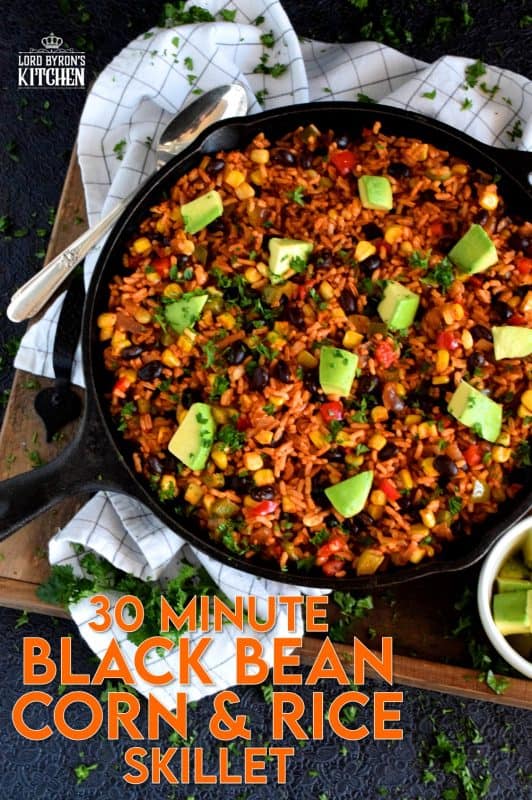 30 Minute Black Bean Corn and Rice Skillet has everything a well-rounded, wholesome meal needs! This is a perfect family dinner with many serving options. Roll it into a burrito or pile it into a bowl with cheese and sour cream on top! #30minute #blackbean #skillet #onepot #dinner