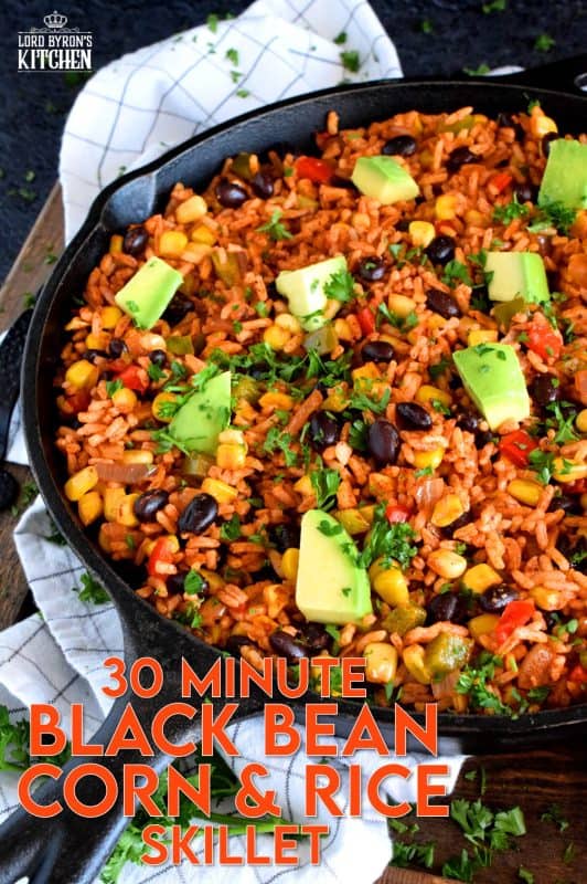 30 Minute Black Bean Corn and Rice Skillet has everything a well-rounded, wholesome meal needs! This is a perfect family dinner with many serving options. Roll it into a burrito or pile it into a bowl with cheese and sour cream on top! #30minute #blackbean #skillet #onepot #dinner