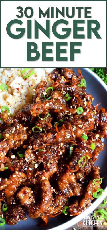 Thinly sliced beef, fried until crispy, and coated in a sweet and slightly spicy garlic and ginger sauce; 30 Minute Ginger Beef is an inexpensive dinner the whole family will love! #ginger #beef #takeout #homemade #garlic #fried #crispy