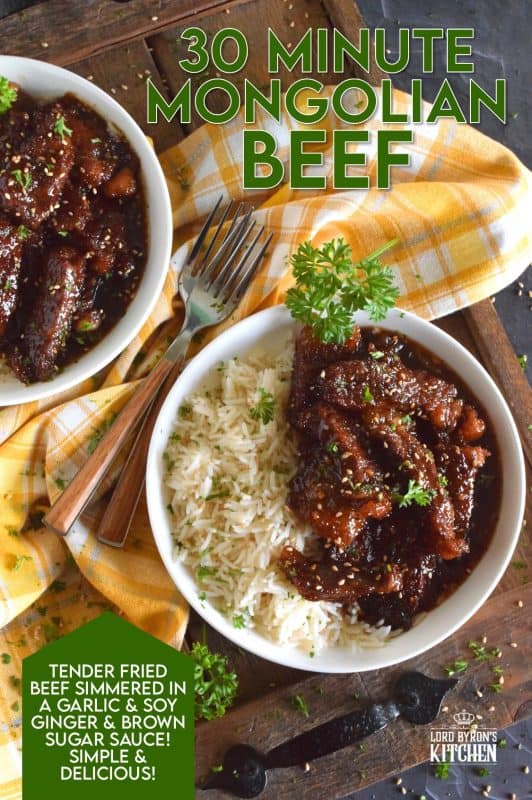 Garlicky, gingery, crispy, sweet, sticky, and oh, so tasty! These words only partially describe 30 Minute Mongolian Beef. When it comes to a quick family dinner, this one has winner written all over it! In fact, just do yourself a favour and double up on the recipe now! #30minutemeals #beef #mongolian #mongolianbeef