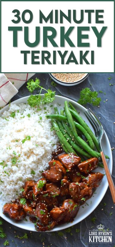 Boneless skinless turkey thighs are seasoned in a basic marinade and pan fried until golden brown and tender. Tossed in a quick homemade sauce, 30 Minute Turkey Teriyaki is a fresh approach to preparing heart-healthy turkey. It's so easy, so fast, and so delicious, so why serve turkey only at Thanksgiving!? #30minutemeals #turkey #teriyaki #turkeyrecipes
